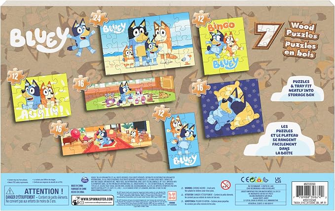 Spin Master Games, Bluey Puzzles 7-Pack, Wooden Jigsaw Puzzles for Preschoolers, 12, 16, & 24 Pieces, Storage Tray, Bluey Toys, for Ages 4 & Up