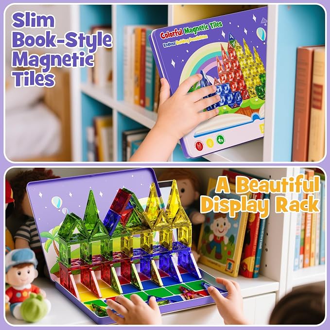 WMXDU 60pcs Large Diamond Magnetic Tile, Magnetic Building Blocks Magnet Toy with Iron Box, STEM Educational Montessori Indoor Building Kit for Preschool Boys Girls Age 3+ Classroom Must Haves