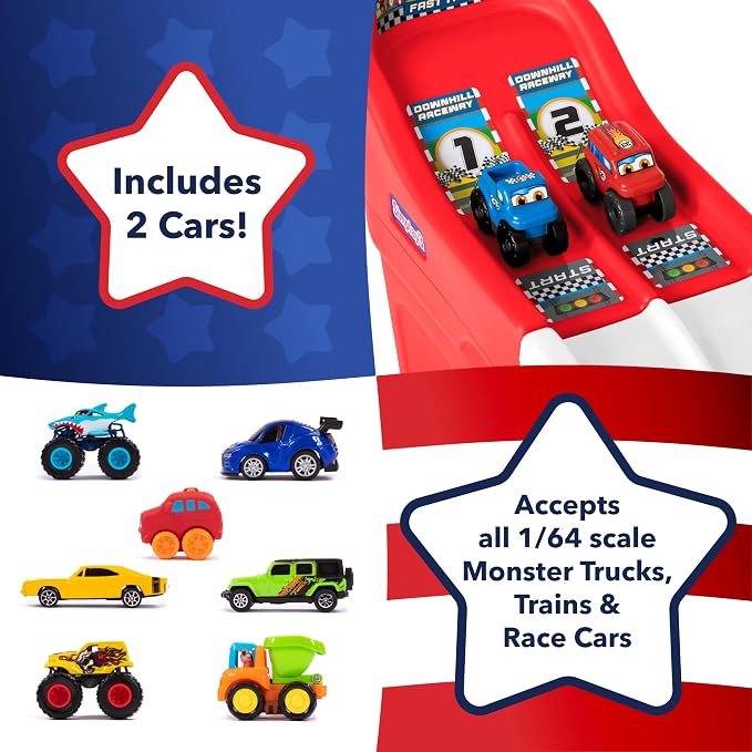 Simplay3 Fast Track Downhill Toddler Race Track Toy with Dual Lane Car Ramp Racing Set, Includes 2 Toy Cars, Indoor Active Play Raceway, Red/White/Blue