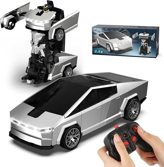 Transform RC Cyber Pickup Truck Cars Robot Toy for Kids, 2.4GHz Remote Control Car with One-Button Deformation 360° Rotation LED Lights Birthday Gifts for Boys Age 4-7-8-12（1:18 Scale）