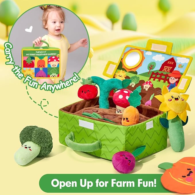 hahaland Baby Toys 6-12 Months - Fruits Vegetables Garden Plant Farm Plush | 6 Month Old Montessori Sensory Toys Carrot Flower with Rattles Mirror Squeaker Crinkle Tissues, 9 Month Old Gifts for Babies