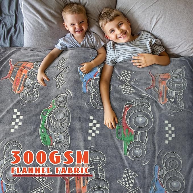 ORDM Glow in The Dark Blanket for Boys Truck Throw Blanket Car Toys Unique Gifts for Kids Glowing Cartoon Tractor Blankets Excavators Room Decor Blankets 60"×80"