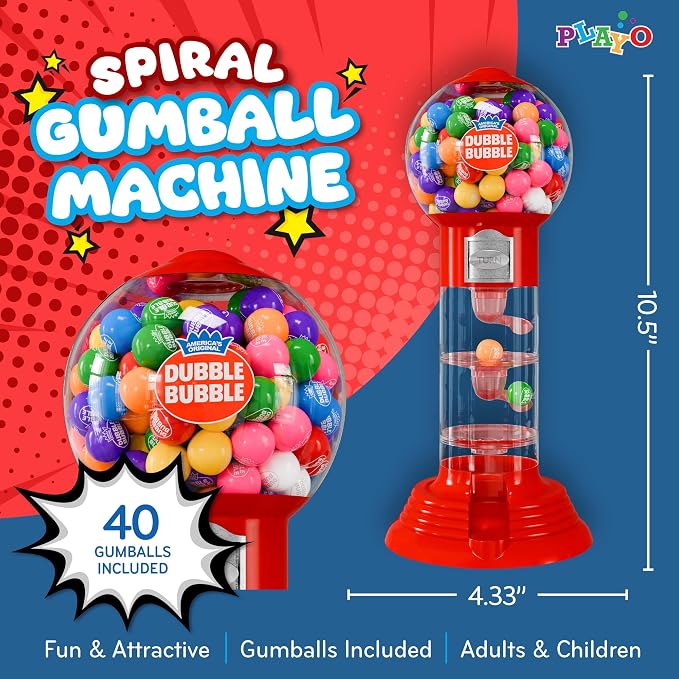 Playo 10.5" Gumball Machine for Kids, Spiral Style Candy Dispenser for Gifts, Parties or Events - Bubblegum Machine w/Gumb Balls Included (Red)