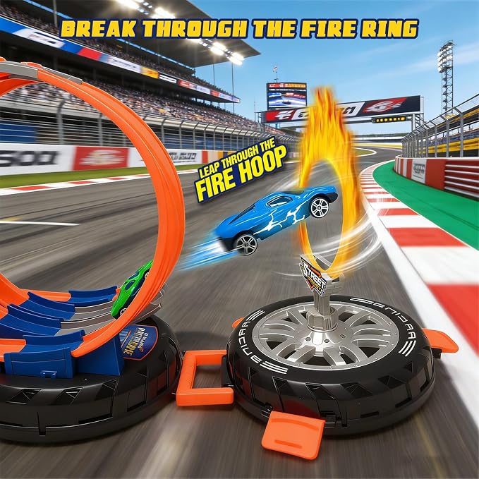 Race Car Track Set for Kids Ages 3-8，Transformable Tire Storage & Portable Handle into Race Course, Racing Toy Playset Birthday Gift for Kids Boys Girls