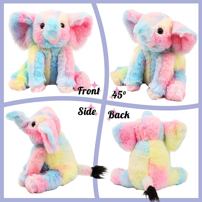 Hopearl Adorable Plush Calf Elephant Toy Floppy Elephish Ultra Soft Haggable Stuffed Animal Holiday Birthday Gift for Boys Girls Kids Toddlers, Rainbow, 9''