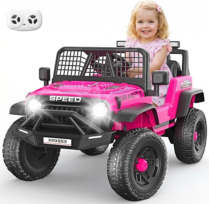 Hikole 12V Electric Car for Kids Ages 3-5 w/Parent Remote, Battery Powered Truck Toys for Toddler Boys Girls, Spring Suspension, Safety Belt, Music Player, 3 Speeds, Bright LED Light, Pink