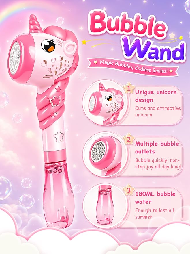 Unicorn Automatic Bubble Wand Solution for Toddler Kid Princess Toy Age 1 2 3 4 5 6 7 8 1yr Year Old Little Girl Gift Machine Outdoor Juegos Juguetes Burbujas Niñas Christmas Pink