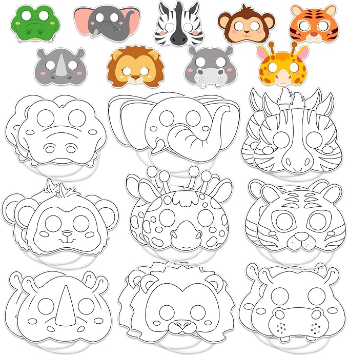 63Pcs Color Your Own Animal Masks Crafts for Kids DIY Paper Blank Jungle Animal Party Favors Lion Tiger Monkey Masks Making Kits with Ropes for School Class Activities Birthday Party Supplies