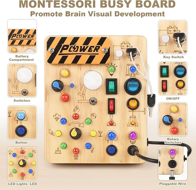 LED Busy Board for Toddlers - Montessori Sensory Toy with 10 Switches & 19 Lights, Wooden Activity Board for Fine Motor Skills, Ideal Educational Birthday Travel Toy Gift for 1 2 3 Year Old Boys Girls