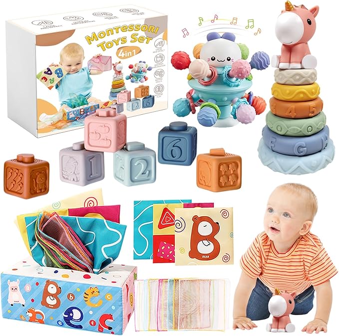 Montessori Toys for 6-12 Months, 4 in 1 Baby Toys for 6 Month Old | Soft Stacking Blocks, Baby Tissue Toy, Teething Toy, Fine Motor & Cognitive Skills, Montessori Toys for Babies 6-12-18 Months
