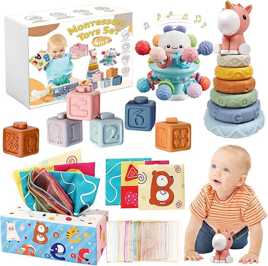Montessori Toys for 6-12 Months, 4 in 1 Baby Toys for 6 Month Old | Soft Stacking Blocks, Baby Tissue Toy, Teething Toy, Fine Motor & Cognitive Skills, Montessori Toys for Babies 6-12-18 Months