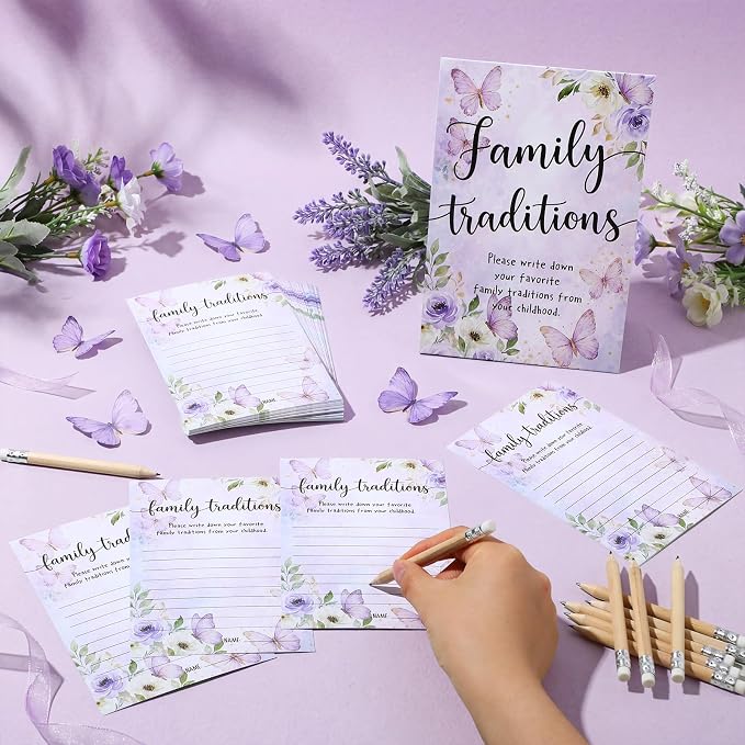 Fumete 61 Pieces Family Tradition Baby Shower Games Include 1 Family Traditions Standing Sign and 50 Activities Cards with 10 Pencils for Gender Reveal Bridal Shower Wedding(Purple,Butterfly)