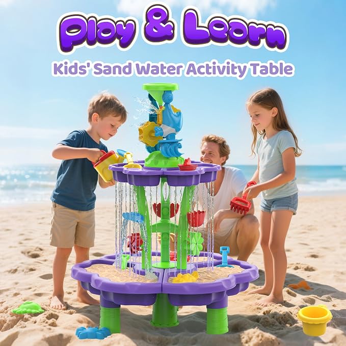 Kids Flower Water Sand Table for Toddlers - 2-Tier Outdoor Water Sand Play Table Toys for Boys Girls, Summer Splash Activity Sensory Table Party Birthday Gift for Kids 3-5 6-12(Purple)