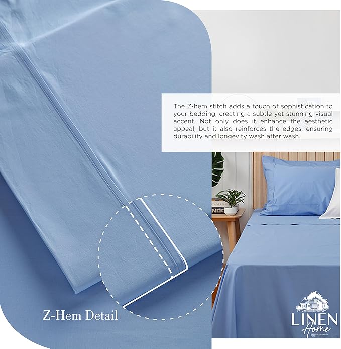 Linen Home 100% Cotton Percale Sheets California King Size, Baby Blue, Deep Pocket, 4 Pieces Set- 1 Flat, 1 Fitted and 2 Pillowcases, Crisp Cool and Long Staple Strong Bed Linen