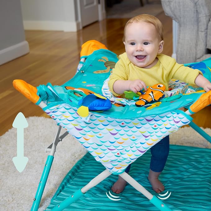 Bright Starts Disney Baby Finding Nemo Pop 'N Jump Portable Baby Jumper, Foldable Indoor/Outdoor Baby Jumper with Sensory Activities, Ages 6–12 Months