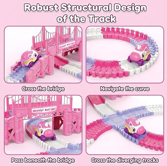 Race Car Tracks Toy Set for Girls Age 3-8, 214PCS Pink Princess Cars Toys | with Monster Truck & Magic Bendable Train Tracks, Flexible DIY Raceway Set for Toddler Girls Christmas Birthday Gifts