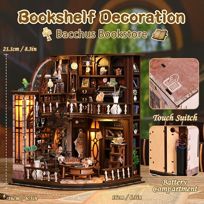 DIY Miniature House Kit, 3D Wooden Puzzle for Adults, Book Nook Kit with Touch LED Light, Library Bookshelf Insert, Creative Hobby Craft Gift for Bibliophiles (Bacchus Bookstore)