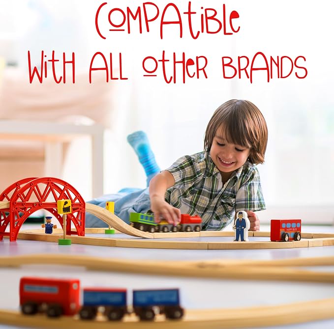 KipiPol Wooden Train Tracks Set - 52 pcs+Bonus Railroad Map –Compatible W All Major Wooden Railway Toy Brands Including: Thomas The Train Track Set, Brio Train, Melissa and Doug Train Set for Kids 3+