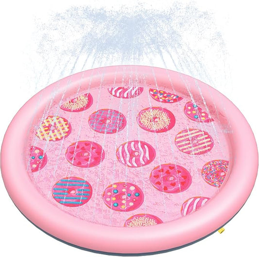 Peteast Anti-Slip Pink Donut Print Splash Pad for Kids and Dogs 0.58 mm Thicken Sprinkler Dog Pool for Summer Outdoor Water Toys - Fun Backyard Play Mat for Children and Pets (Pink 67in)