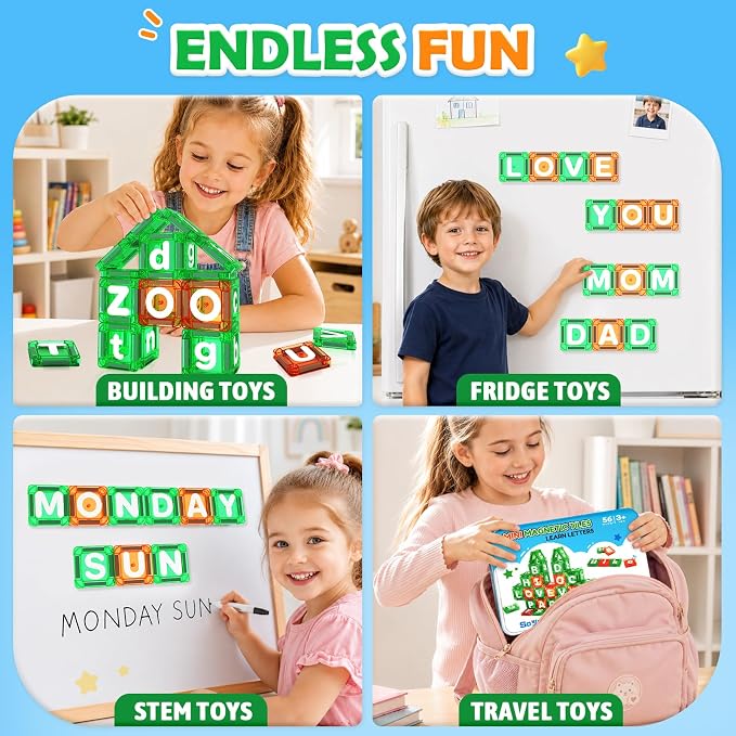 Magnetic Tiles Learn Letters Magnetic Building Blocks for Kids Ages 3-12 Double-Sided Uppercase & Lowercase Magnetic Letter Preschool Learning Toys, Educational STEM Toys & Back to School Supplies