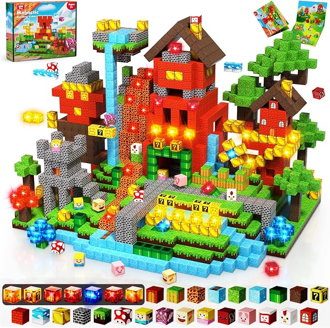 Magnetic Blocks with Light Blocks - 200PCS Magnetic Blocks for Kids Ages 4 5 6 7 8+, Magnetic Building Blocks, STEM Montessori Sensory Toys for Kids, Birthday Gifts for 8-12 Years Old Boys Girls