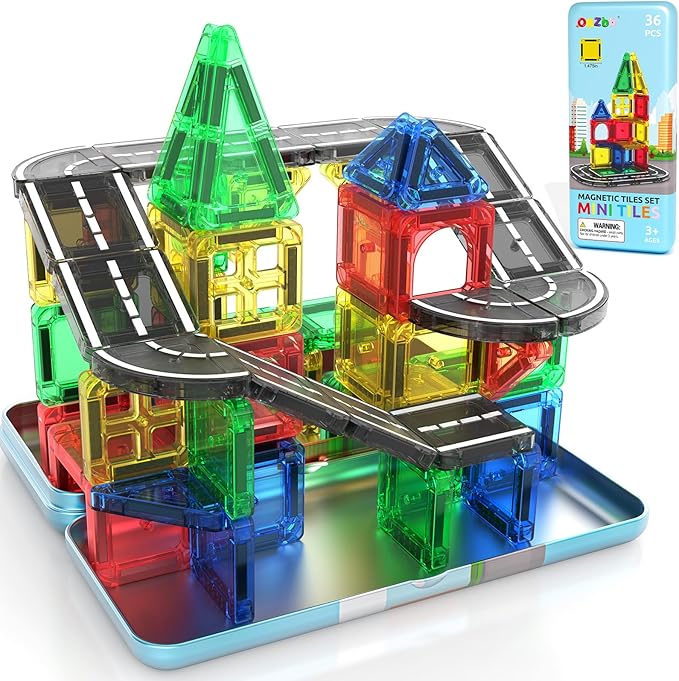 ORZbb Mini Magnetic Tiles Road with Case Toddler Travel Toys Trip Essentials Set, Magnetic Building Blocks Toys for 3 4 5+ Year Old Boys Girls Montessori Sensory Learning Easter Birthday Gifts