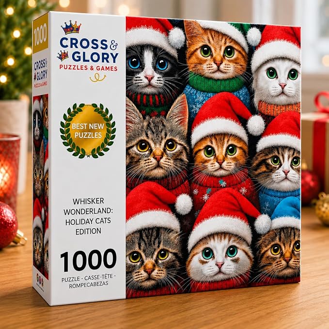 Cross & Glory - Whisker Wonderland: Holiday Cats Edition - 1000 Piece Jigsaw Puzzle for Adults | Festive Cat Puzzle | Christmas Jigsaw Puzzle with Vibrant Artwork