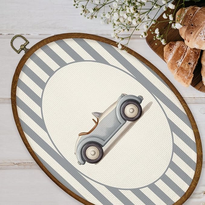 WULQYING Car Boy Nursery Wall Art Decor, Kids Oval Framed Canvas Art Prints, Neutral Blue Striped Car Vehicle Wall Hanging Decor for Kids Boy Nursery Room Bedroom Playroom, 8.5x11.4 Inches