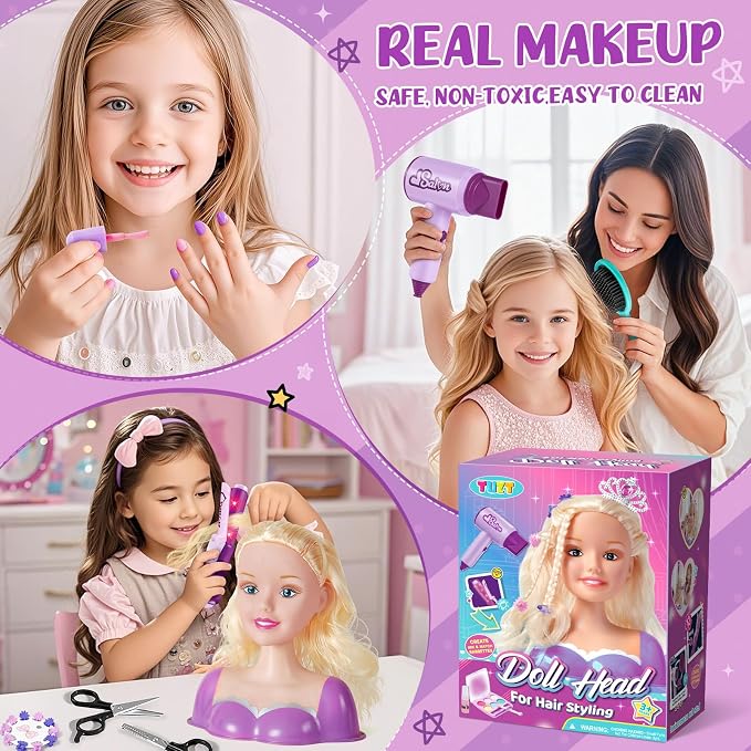 TUZT Doll Head for Hair Styling Kids, Hair Salon Toys & Real Makeup Nail Polish, Kid Beauty Hair Stylist with Hairdryer Curling Iron, Birthday Gift for Girl 3 4 5 6 7 8 9 10 Year Old