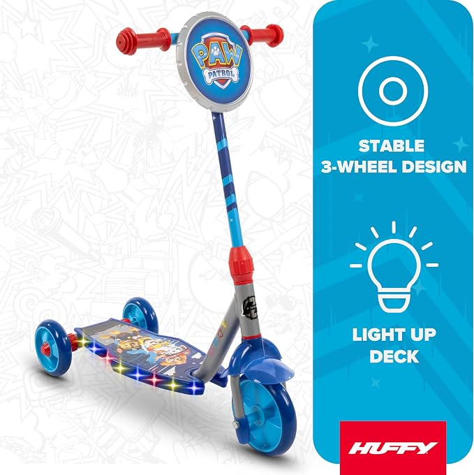 Huffy Toddler 3-Wheel Scooter for Kids, Multiple Colors & Licensed Character Graphics, Ages 3+, Durable Steel Frame, Wide Non-Slip Deck, Stable Lean-to-Steer Design, Light-Up Options, Girls/Boys