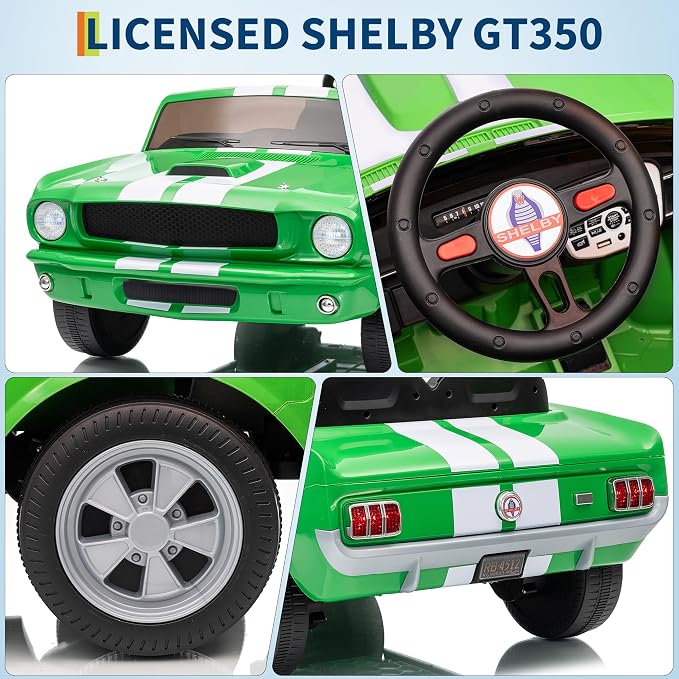 Garvee 24V 2 Seater Ride on Licensed Shelby GT350, Battery Powered Ride on Toys for Kids with Remote Control, Ford Shelby Kids Electric Vehicle 2 Seat, Safety Belt, 2 Speeds, LED Lights, Green