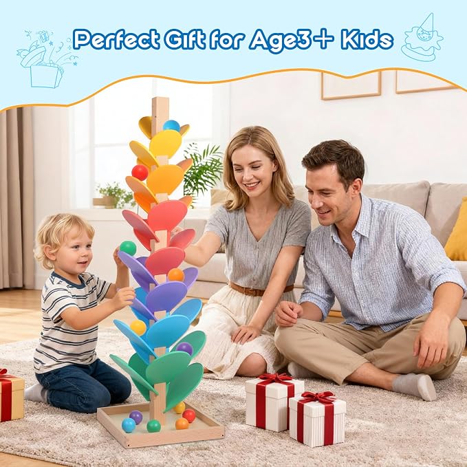 Wooden Marble Run Music Tree, Tumble Leaf Montessori Rainbow Singing Tree with Sound, Includes 12 Extra-Large 3cm Marbles Ball for Safer Play, Color Sorting STEM Learning Toy, Gift for Kids
