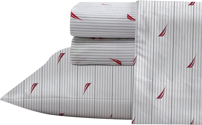 Nautica- Full Size Sheet Set, Crisp & Tailored Cooling Sheets with a Smooth Cotton Percale Lightweight Feel - Bed Sheets with Matching Pillowcases & Fitted Sheet (Audley Stripe Red)