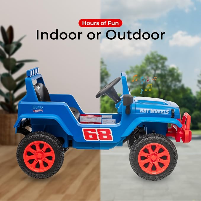 Hot Wheels - 12V Kids Ride On with Rechargeable Battery, LED Headlights, Press-Button Start, Durable Wheels, Forward & Reverse Drive, Contoured Seat