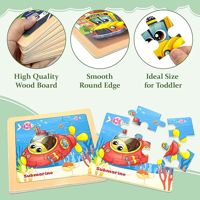 Wooden Vehicle Puzzles for Toddlers, 8 Pack 9 PCS Jigsaw Puzzles for Kids, Wooden Puzzles for Toddlers 3-5, Vehicle Puzzles for Kids 3-5, Preschool Puzzles Learning Educational Sets Toys