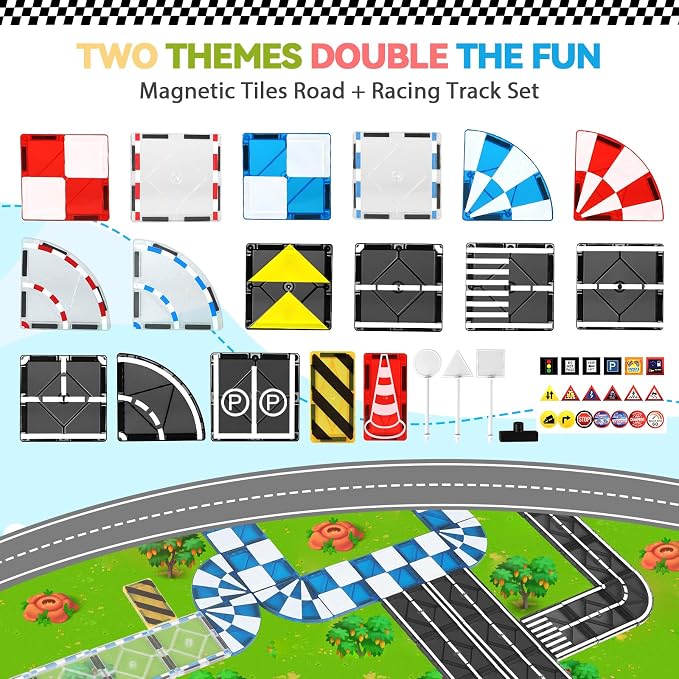 Magnetic Tiles Building Blocks for 3 4 5 6 7 8+ Years Old Boys Girls Colorful Magnet Stacking Toys Birthday Gift for Toddlers STEM Preschool Educational Construction Tiles Set (Multicolor Road)