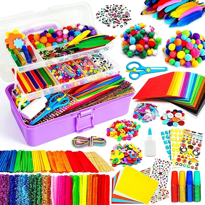 FUNZBO Arts and Crafts Supplies for Kids - Toddler Crafts Kits with Glue Stick Pipe Cleaners Construction Paper Pom Poms Googly Eyes, Crafts for Kids Ages 4-8, Birathday Gifts for Girls