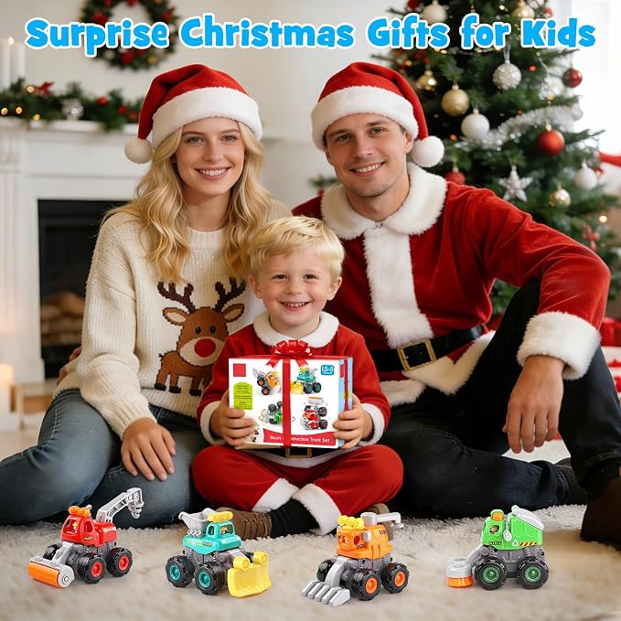 ORWINE Baby Boy Toys Cars, Push and Go Cars for Kids, Friction Powered Stunt Trucks, 4PCS Construction Vehicles Baby Toys for 2 3 4 5 Years Old Boys Girls, Birthday for Toddler Age 2-3