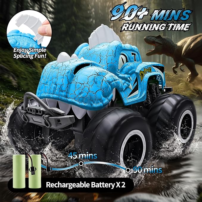 Amphibious Remote Control Car, 1:20 Waterproof Dinosaur Monster Trucks for Boys Age 4-7, 2.4GHz All Terrain RC Cars with 2 Batteries, 360° Rotating Stunt RC Car Toy Birthday Gift for Kids 3-5