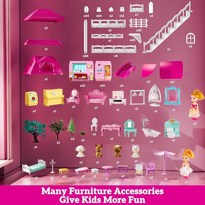 JUKUDAHU Villa Playset for Girls Ages 3-7, 4-Storey House with 10 Rooms, 2 Dolls, Furniture and Accessories, Indoor Playset Girls Toys for Ages 6-8, Pretend Toddler Toys, Birthday Gifts for Kids 4-8