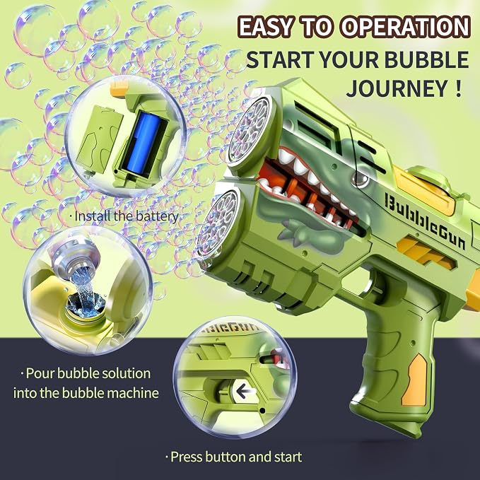 Rechargeable Green Dinosaur Bubble Guns for Kids, LED Light Up Bubble Machine Blower with Bubble Refill Solution for Kids, Bubble Makers Blaster for Toddlers, Summer Wedding Toys Gift