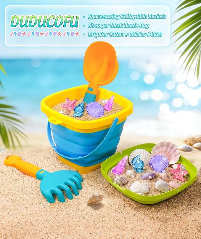 DUDUCOFU Collapsible Beach Sand Toys for Kids Toddlers, Collapsible Sand Buckets Sifter and Shovels Rake Diving Gem Pool Toy Set with Mesh Bag, Travel Beach Vacation Essentials Toys for Boys Girls