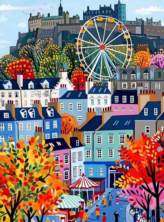 Cross & Glory – Castle & Carousel – 1000 Piece Jigsaw Puzzle for Adults | Colorful Edinburgh Folk Art Puzzle | Bright Scottish City Artwork | Premium Ribbon-Cut Puzzle with Satin Finish