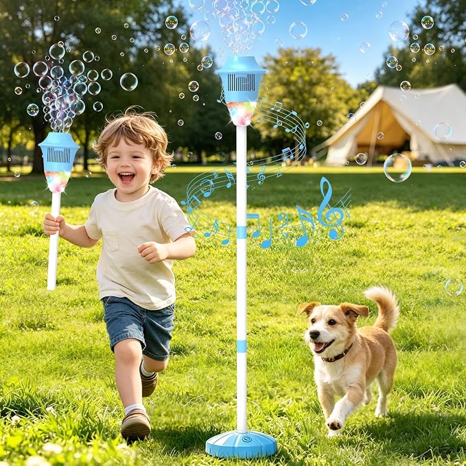 Bubble Machine for Kids: Rechargeable Bubble Blower Maker Torch with Light Music, 2 Batteries 47" Adjustable Height, Bubbles Wand Outdoor Toddler Toys for Summer Camping Wedding Backyard Pool Party