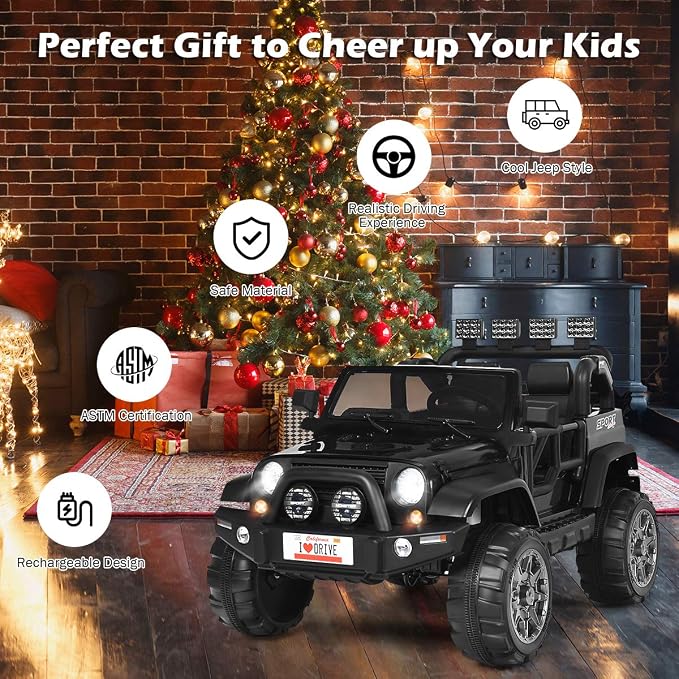 Costzon 2-Seater Ride on Truck, 12V Battery Powered Electric Vehicle Toy w/Storage, Remote Control, 3 Speed, LED Lights, MP3, Horn, Music, 2 Doors Open, Spring Suspension, Ride on Car for Kids(Black)