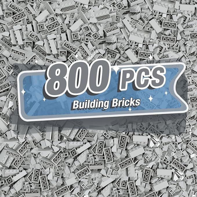 800 Pieces Building Bricks, 5 Sizes Building Pieces, Classic Slope Block Bulks - Compatible with All Major Brands, Light Grey
