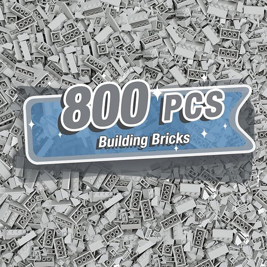 800 Pieces Building Bricks, 5 Sizes Building Pieces, Classic Slope Block Bulks - Compatible with All Major Brands, Light Grey