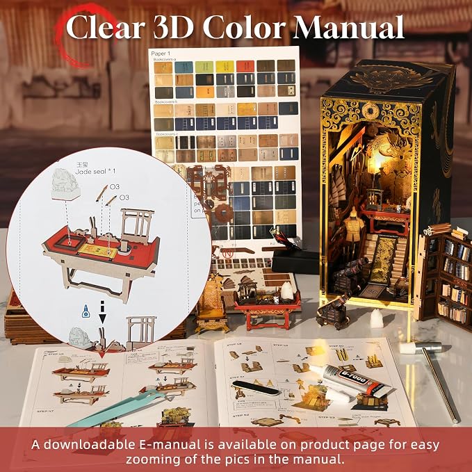 MiniCity DIY Book Nook Kit for Adults, 3D Wooden Puzzle Bookend Bookshelf Insert Decor with LED Light and Dust Cover (The Emperor's Study)