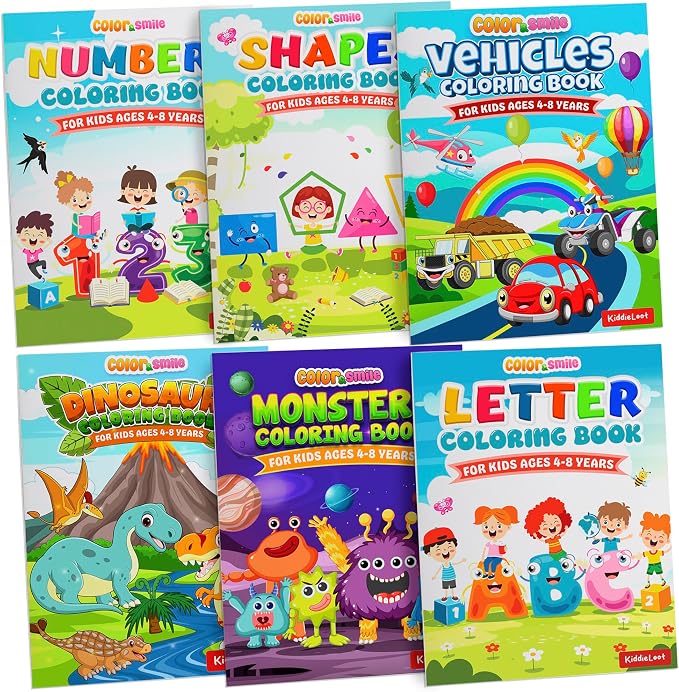 KiddieLoot Coloring Books for Kids Ages 4-8 - (Pack of 6) 8.5x11 Size Book w/Dinosaurs, Monsters, Vehicles, Alphabet, Numbers & Shapes - Kids Coloring Books Variety Set for Boys & Girls Color Gift