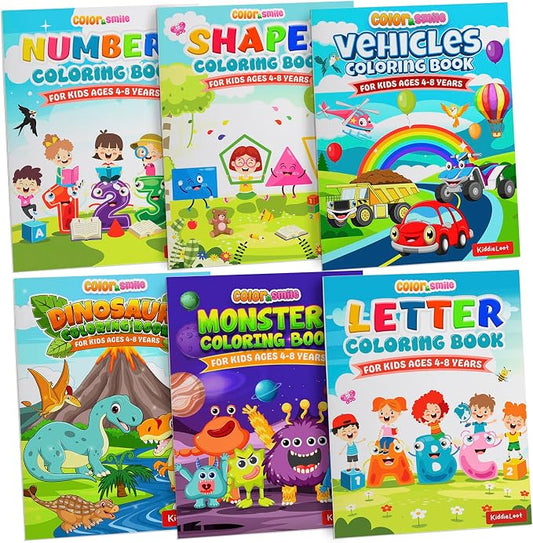 KiddieLoot Coloring Books for Kids Ages 4-8 - (Pack of 12) 8.5x11 Size Book w/Dinosaurs, Monsters, Vehicles, Alphabet, Numbers & Shapes - Kids Coloring Books Variety Set for Boys & Girls Color Gift